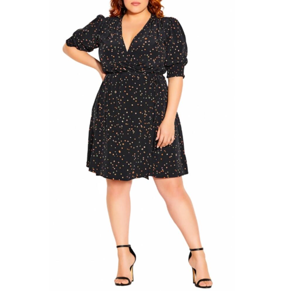 CITY CHIC NORDSTROM Women's Black Prism Puzzle Dot Print Faux Wrap Dress Size L